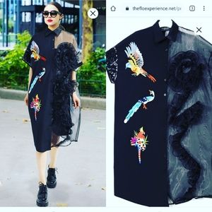 Womens Black Midi Mesh and Chiffon dress